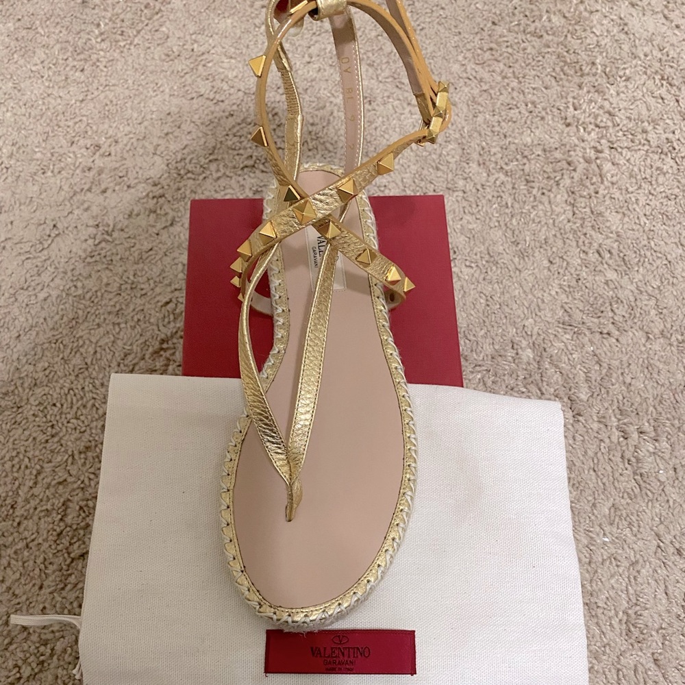 Brand New /Never worn…. Valentino Gold Rock-stud Double Thong Espadrille Sandal